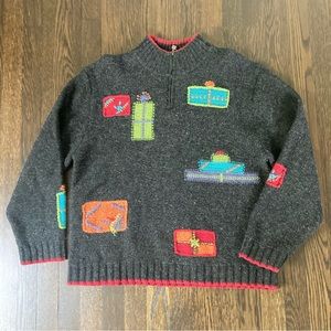 Vtg Woolrich Womens XL Sweater 100% Wool Presents Christmas Gray 1/4 Zip